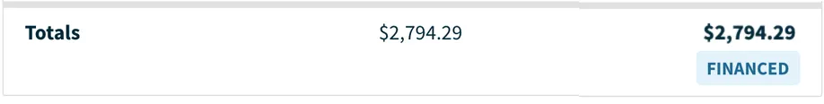 job with a label under the total for financed