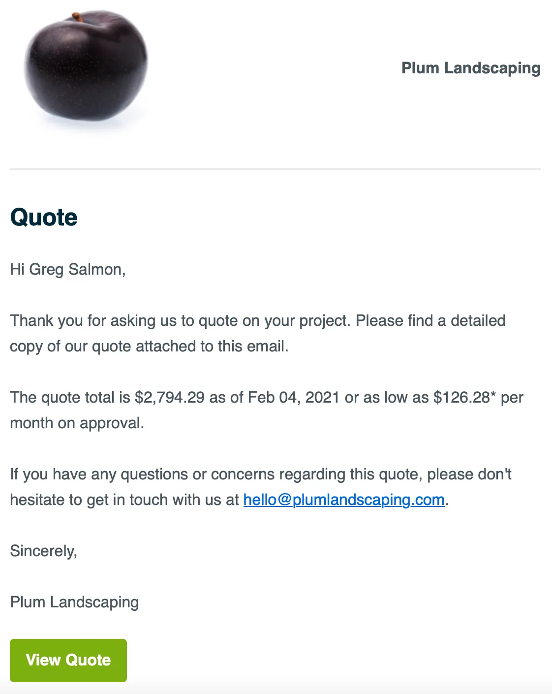 Email to a client that they have been sent a quote with financing available