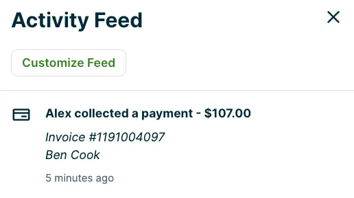 Closeup of the activity
feed with one item