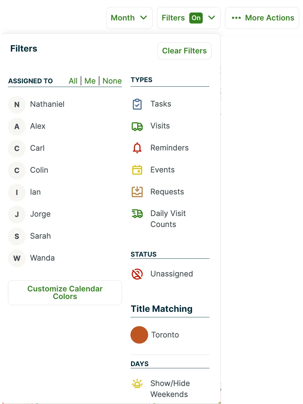 Schedule filter dropdown options
