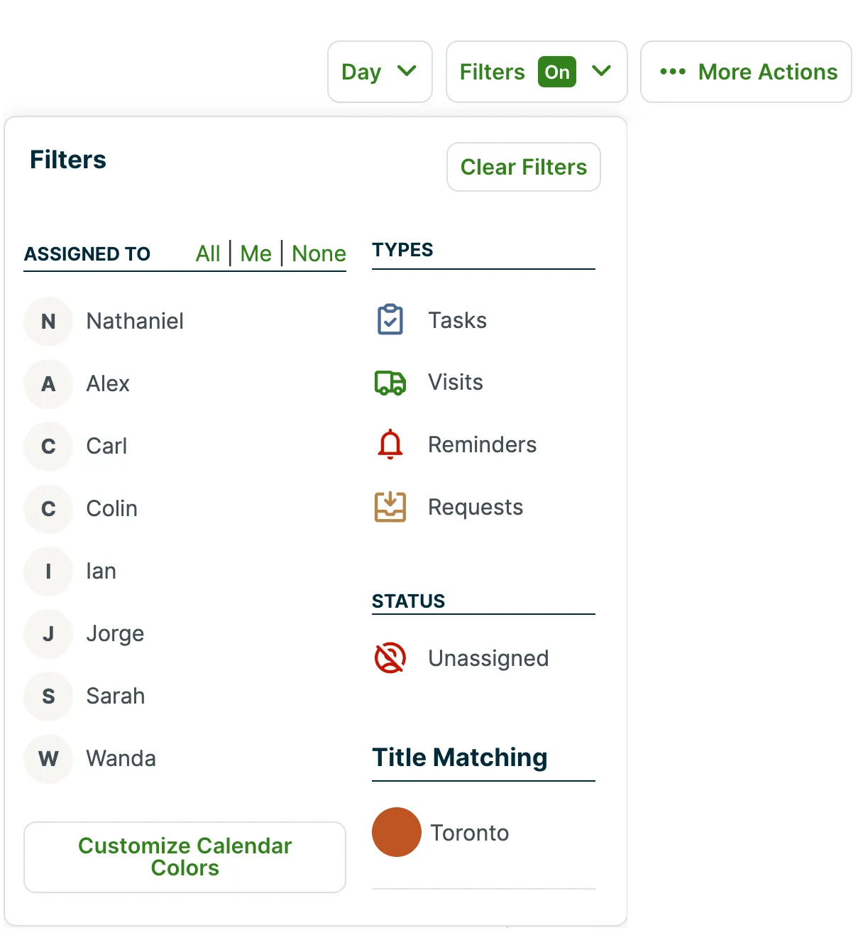 filter menu expanded to show the day view filer options