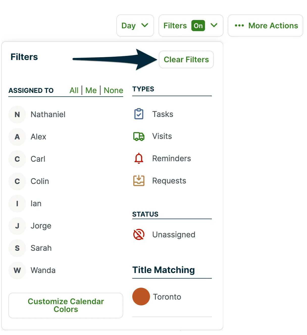 day view filter options with an arrow pointing to the clear filters button