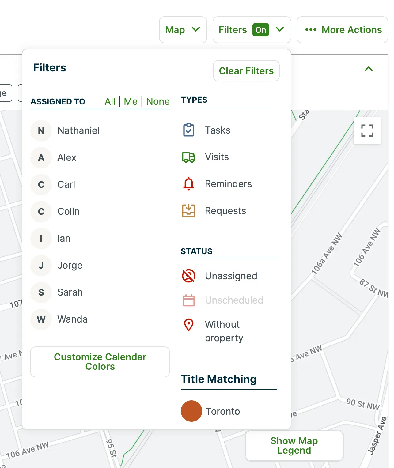 Filter options for the map view
