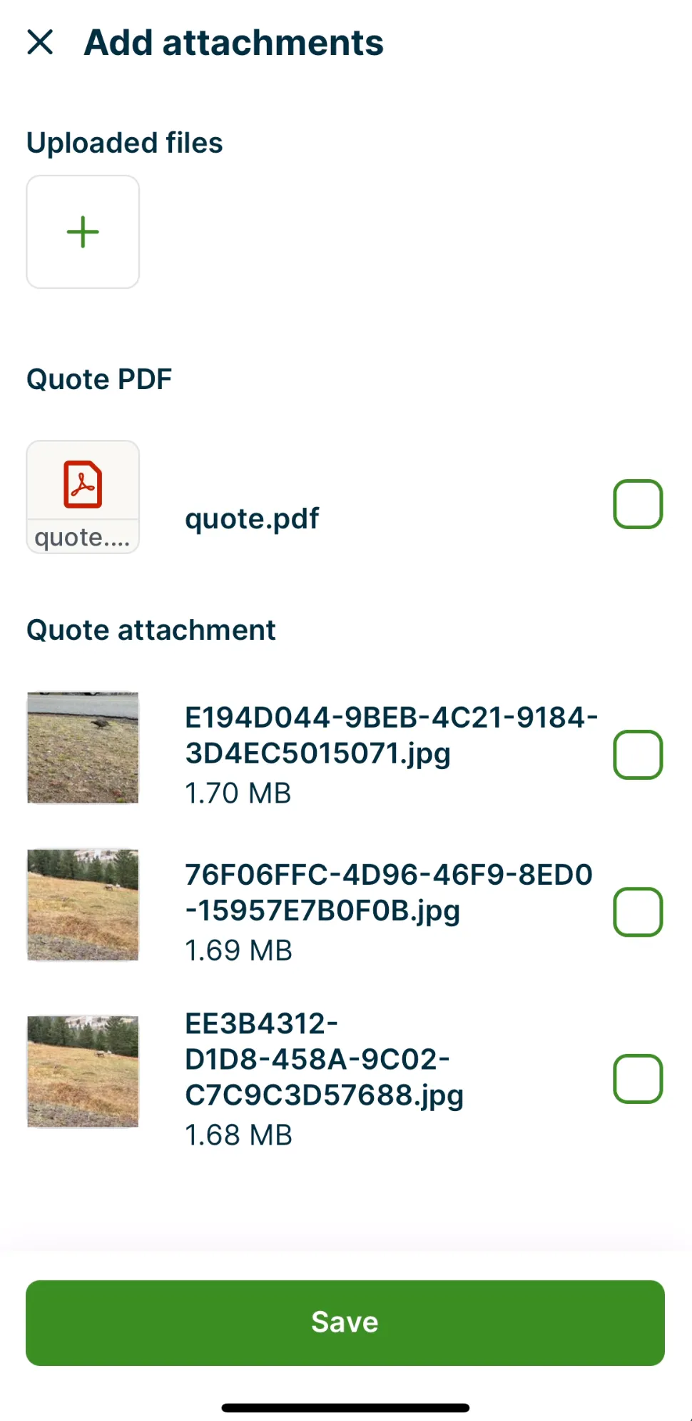thumbnails of a grassy field that have been uploaded as an internal note on a quote that can now be selected to add as an email attachment