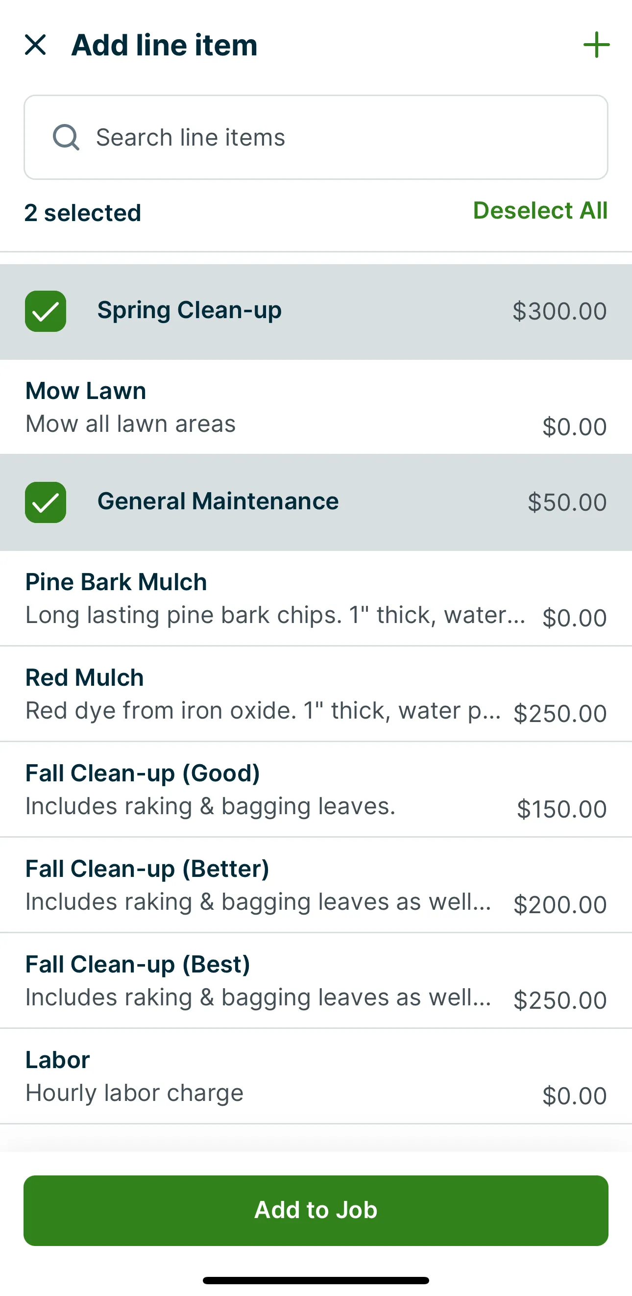 A screenshot showing the Add line item screen in the Jobber app.