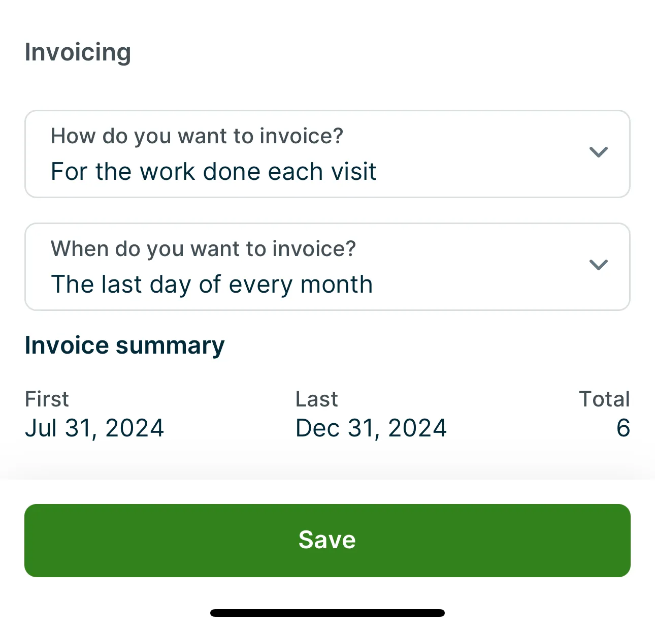 A screenshot showing the invoicing schedule selection screen when creating a job in the Jobber app.