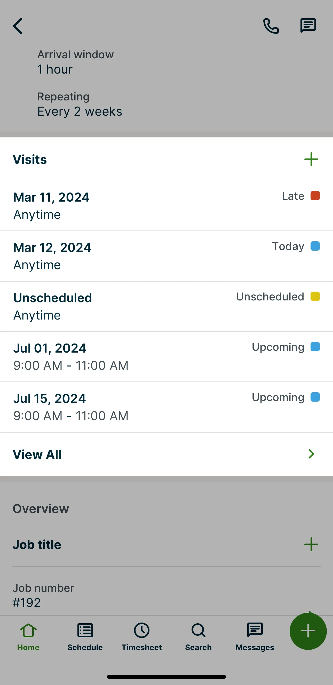 A screenshot highlighting the Visits list within a job in the Jobber app.