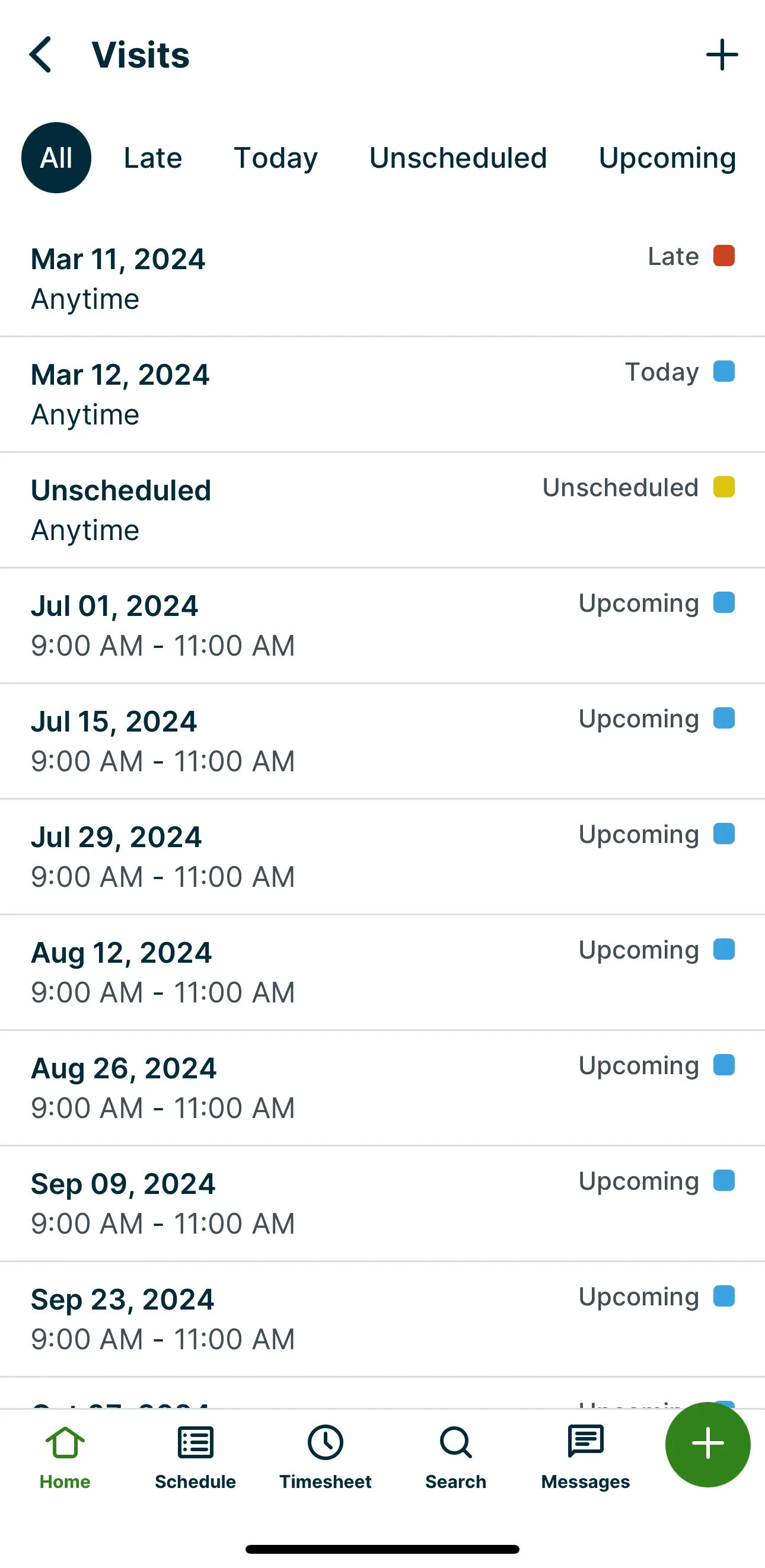 A screenshot showing the expanded visits list screen within a job in the Jobber app.