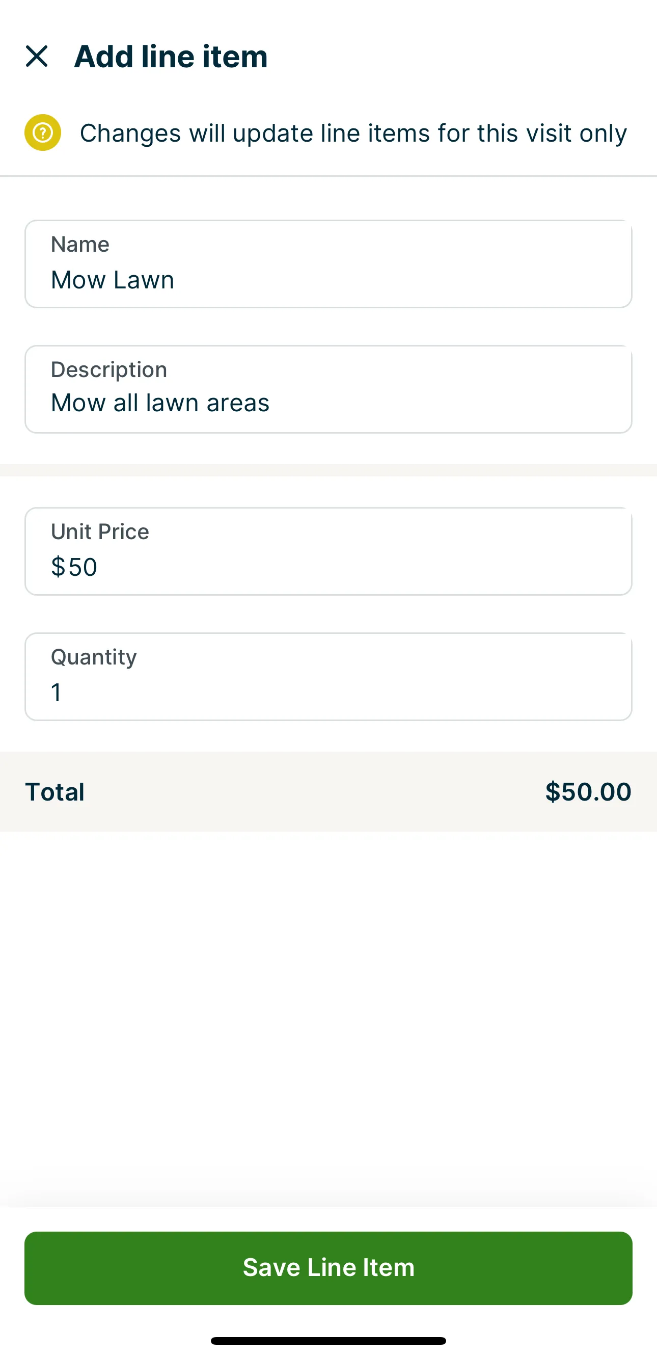 A screenshot showing the Add line item screen in a job visit in the Jobber app.