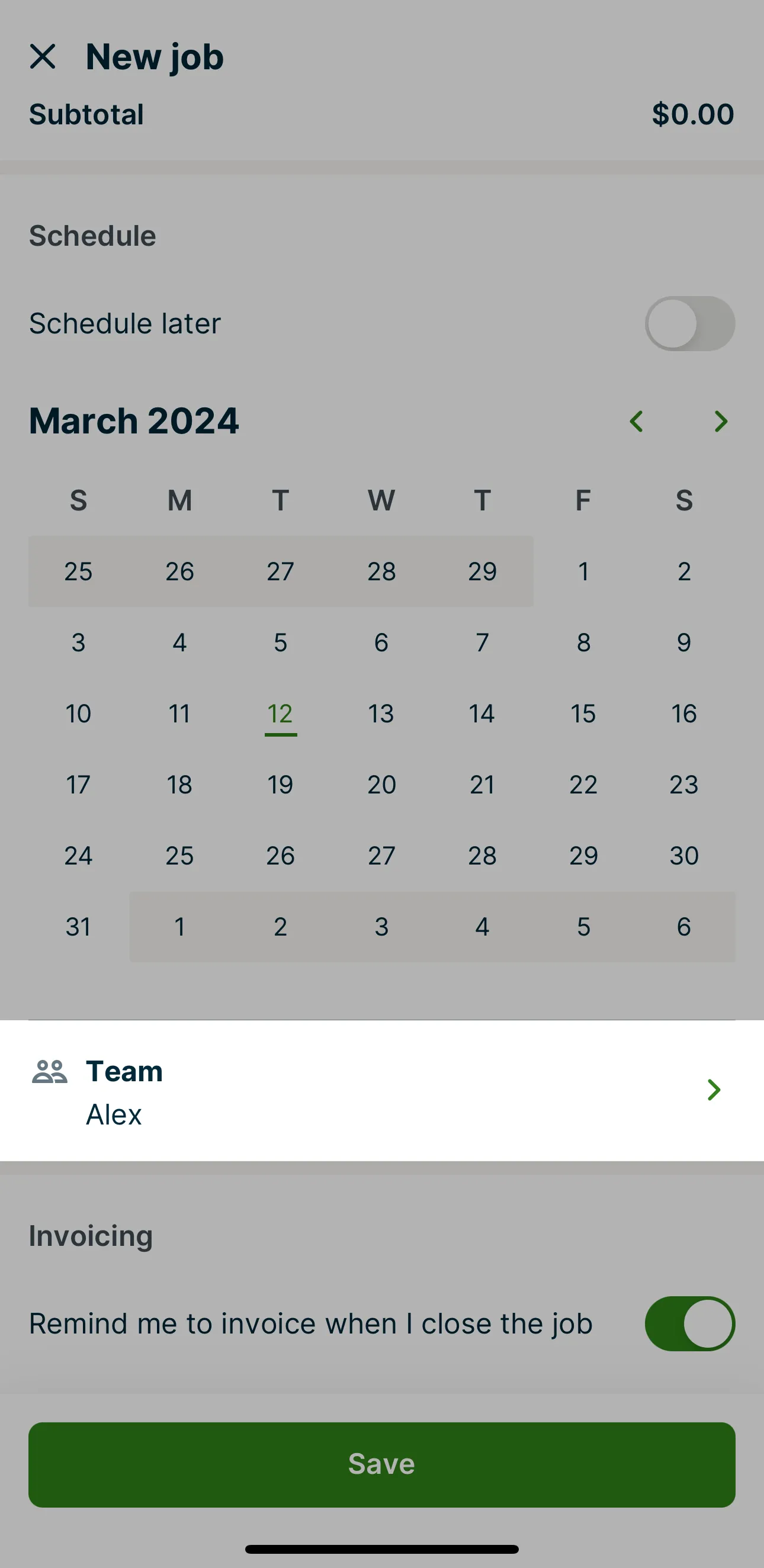 A screenshot highlighting the Team assignment section of the new job screen in the Jobber app.
