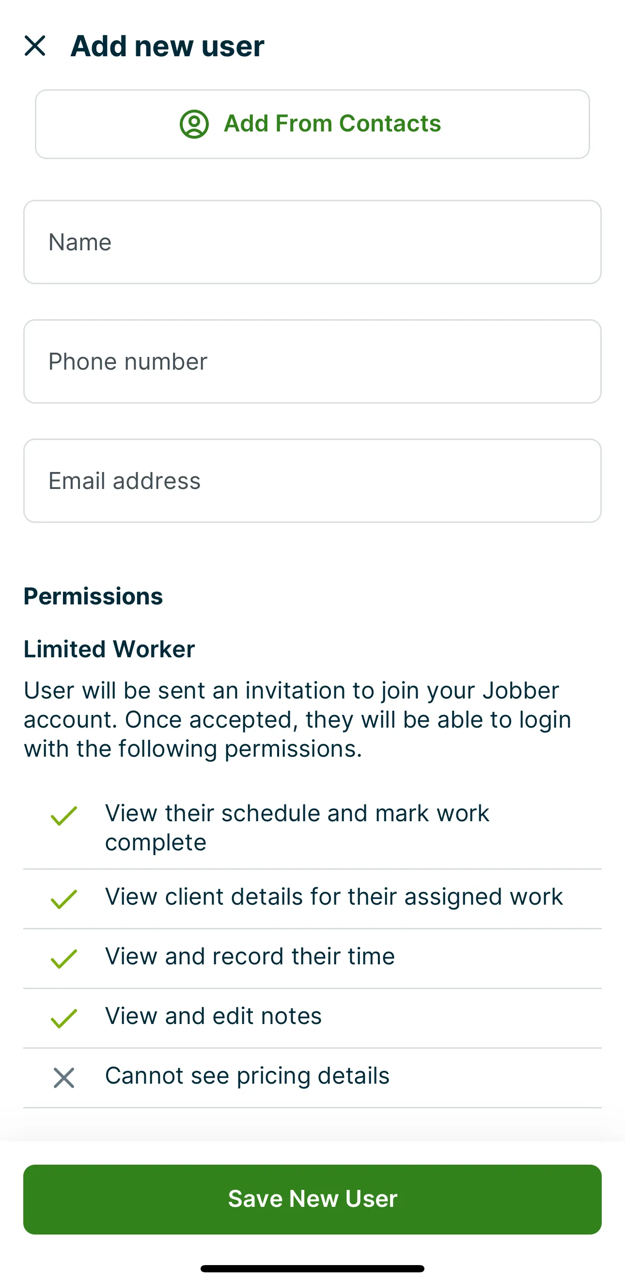 A screenshot showing the add new user screen when creating a new job in the Jobber app.