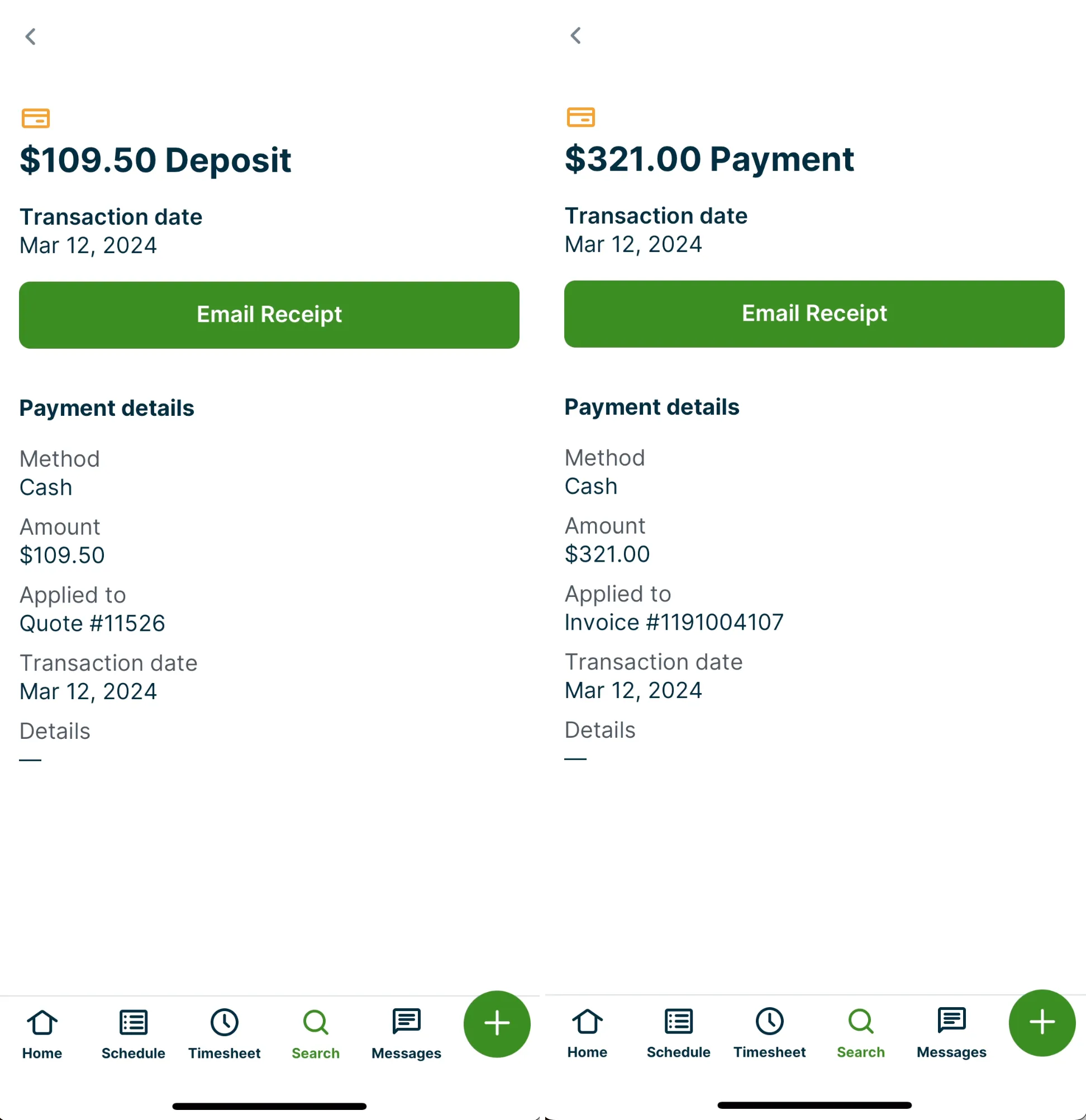 Side-by-side screenshots showing the quote deposit and invoice payment receipt screens in the Jobber app.