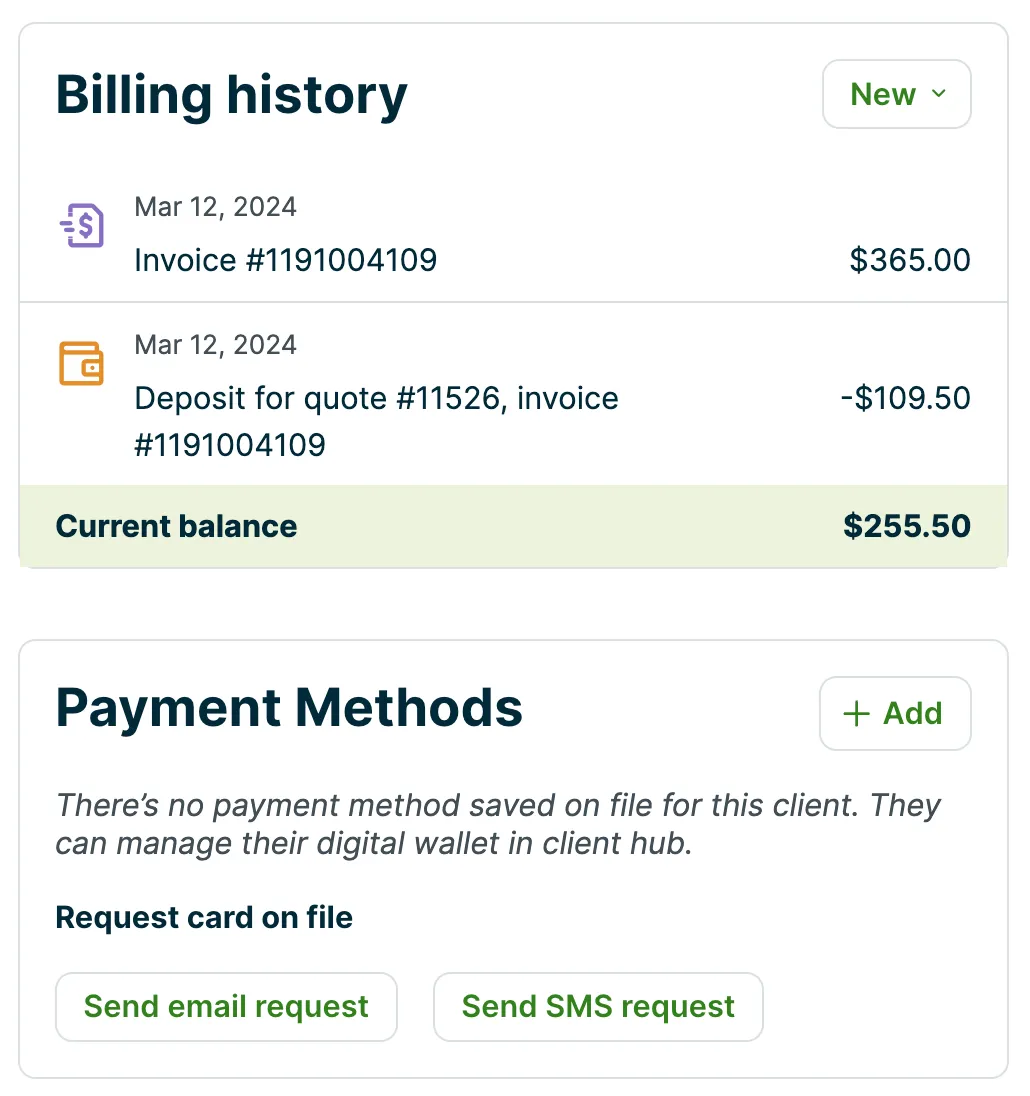 A screenshot showing the Billing history and Payment Methods section of a client's profile in the Jobber app. 