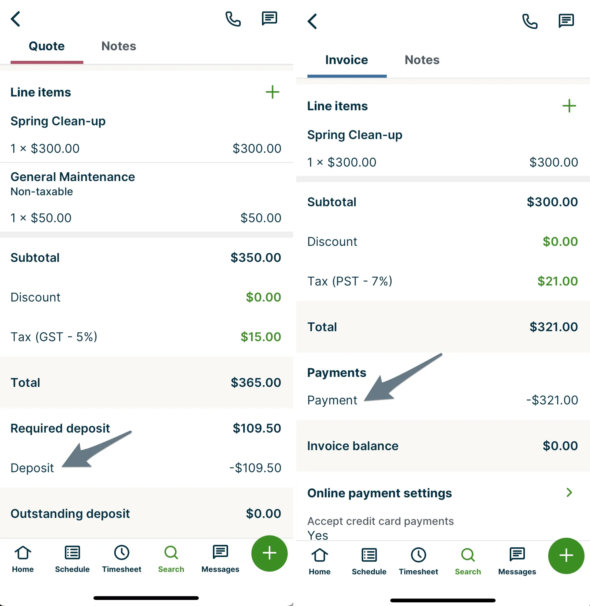 Side-by-side screenshots showing the Quote and Invoice confirmation screens in the Jobber app.