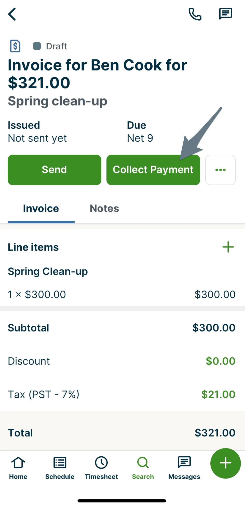 A screenshot highlighting the Collect Payment button on the invoice draft screen in the Jobber app.