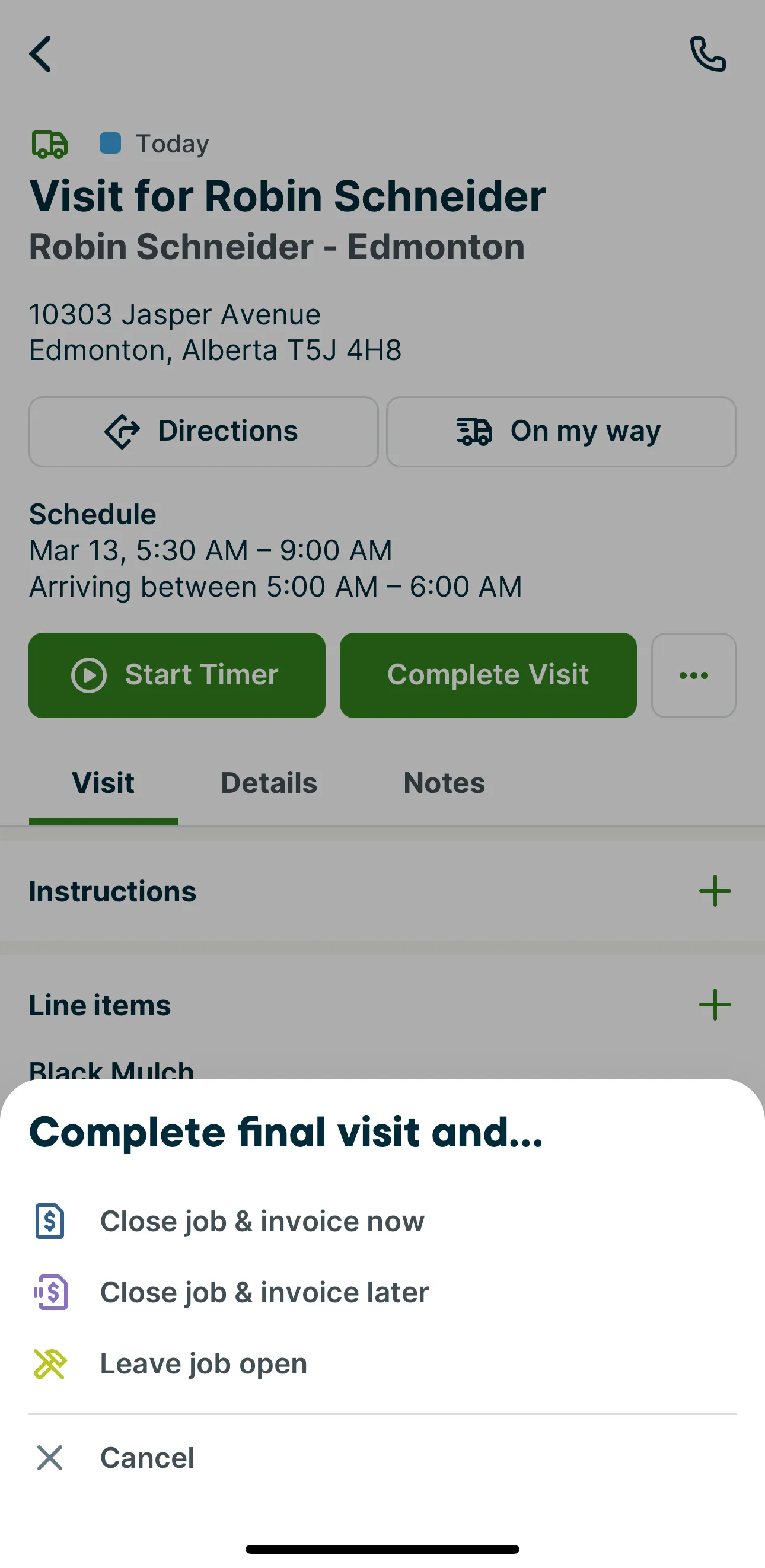 A screenshot showing the "complete visit" menu options in the Jobber app.