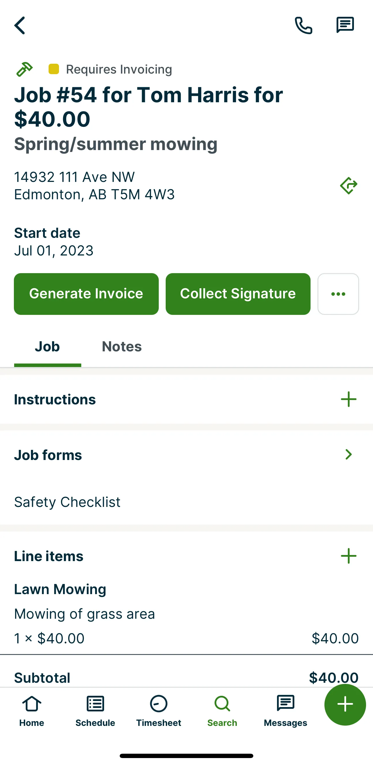 A screenshot showing how to generate an invoice from the "requires invoicing" screen in the Jobber app.