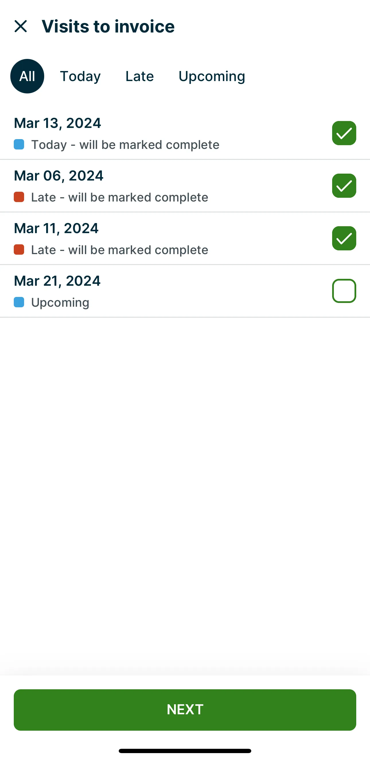 A screenshot showing the "Visits to invoice" screen in the Jobber app. 