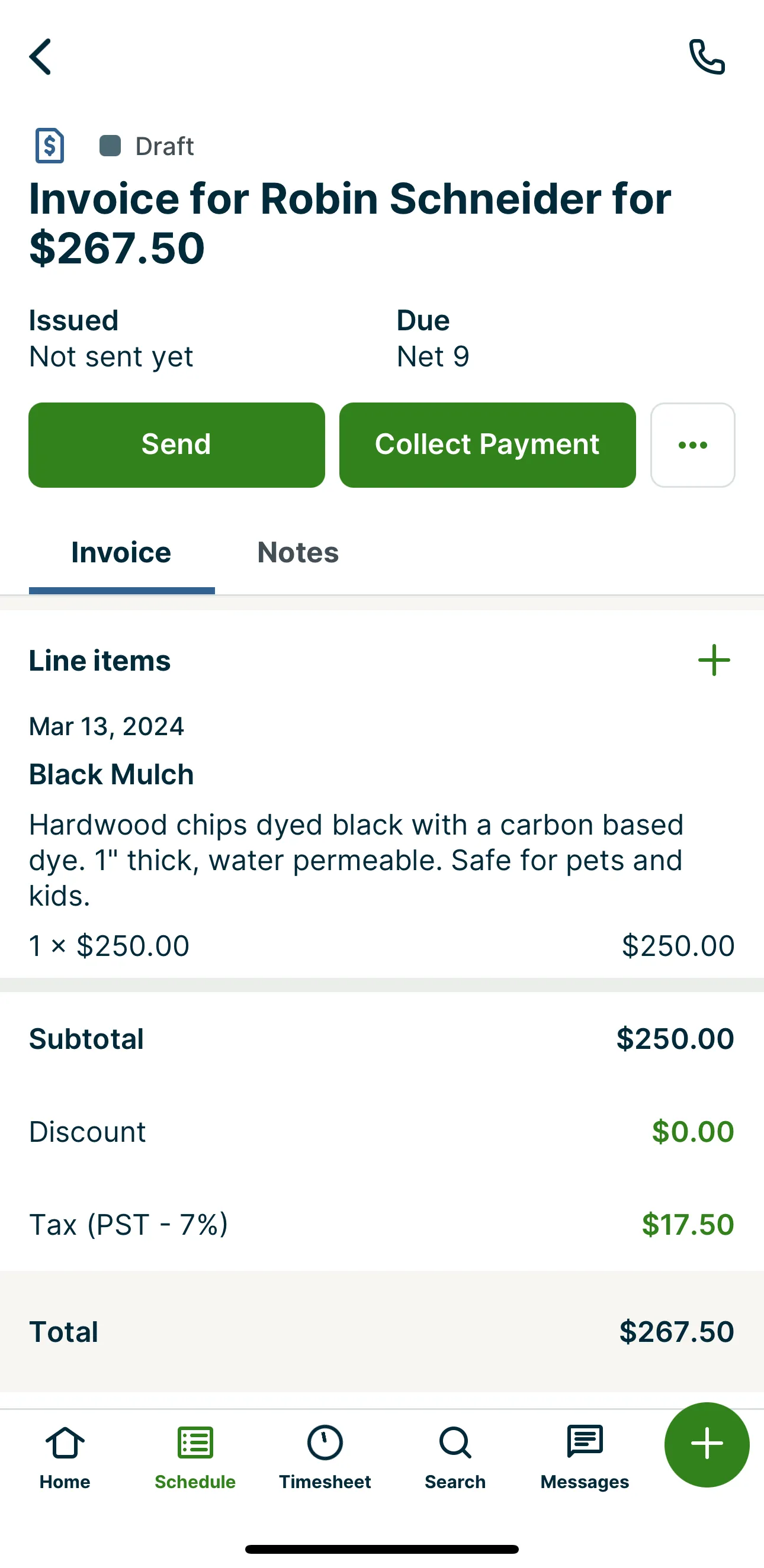 A screenshot showing the invoice draft screen in the Jobber app.