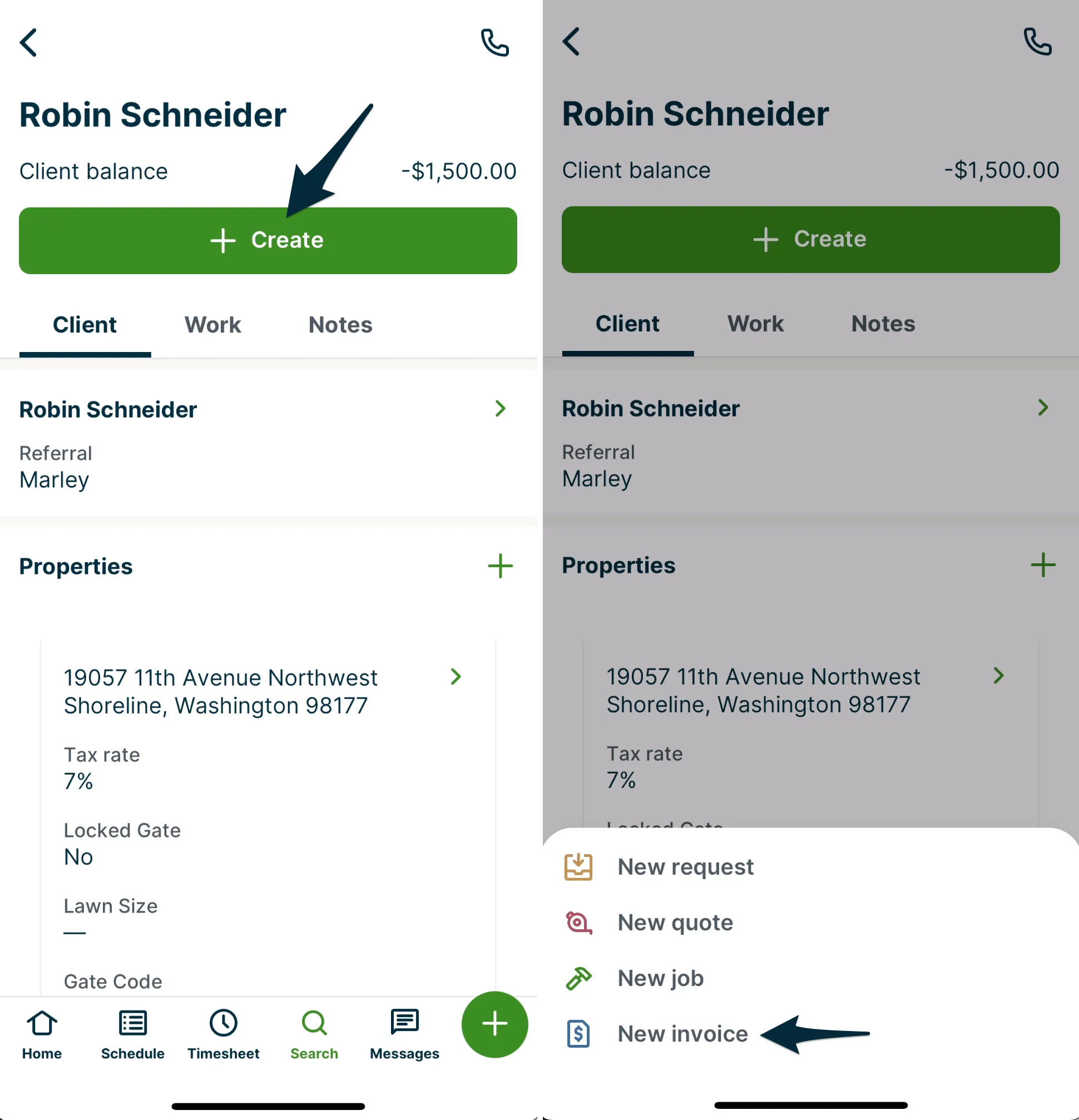 Side-by-side screenshots showing how to create an invoice from a client's profile.