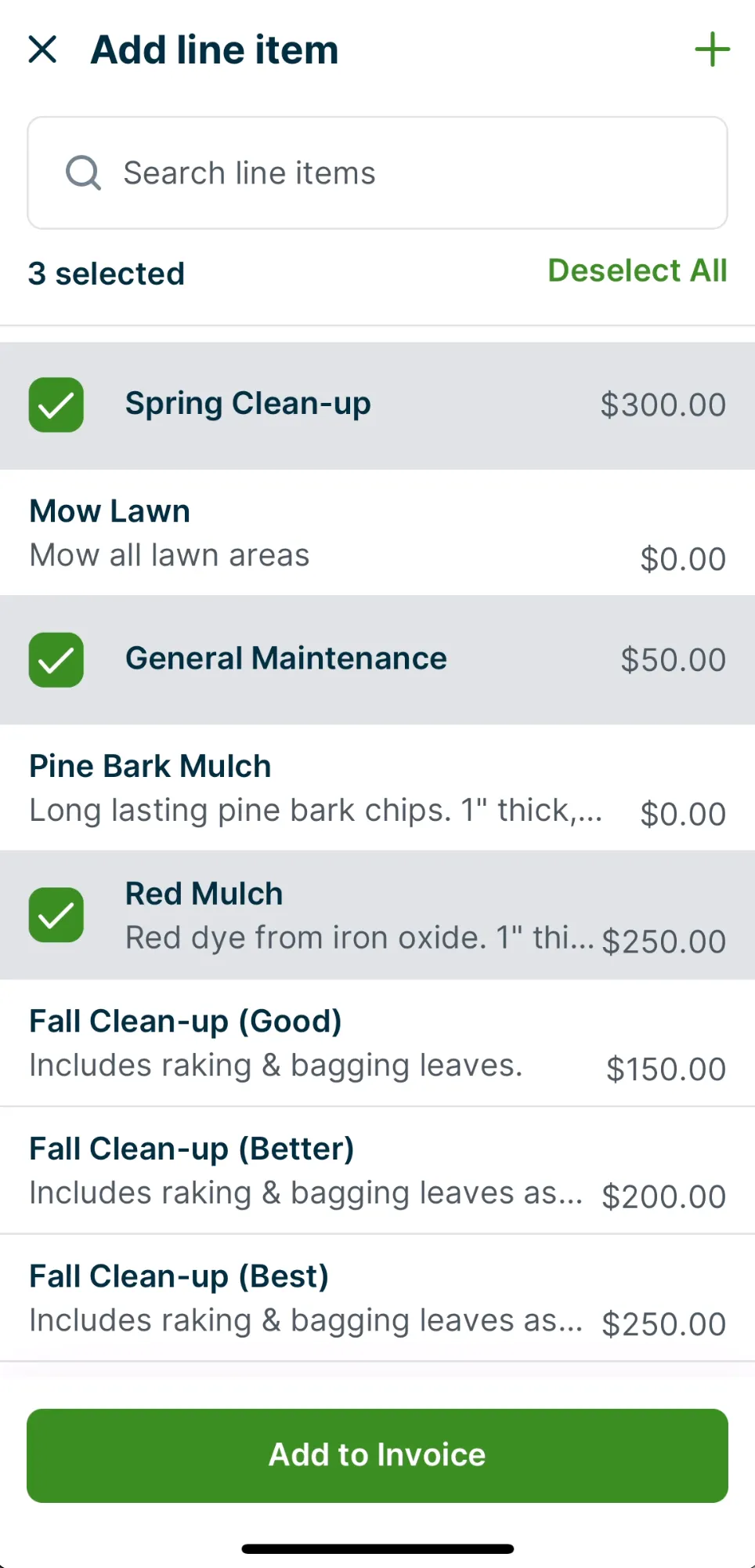 A screenshot showing the "Add line item" screen in the Jobber app.