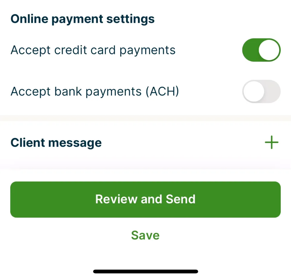 A screenshot showing the online payment settings toggles for a specific invoice in the Jobber app.