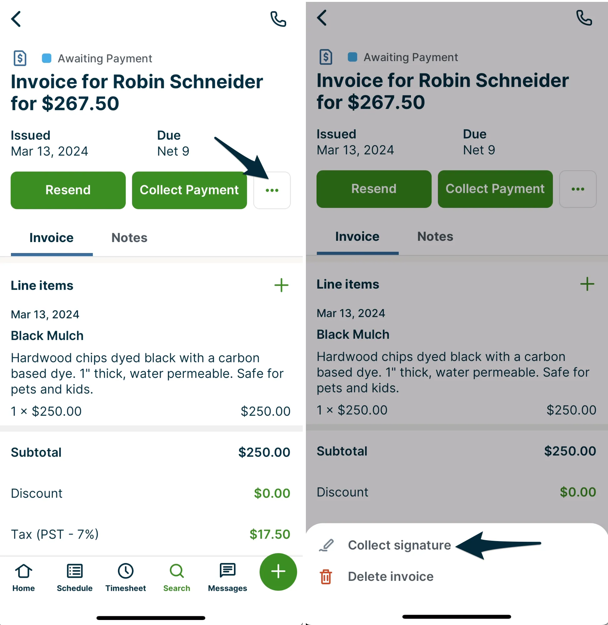 Side-by-side screenshots showing how to collect a signature on an invoice in the Jobber app.