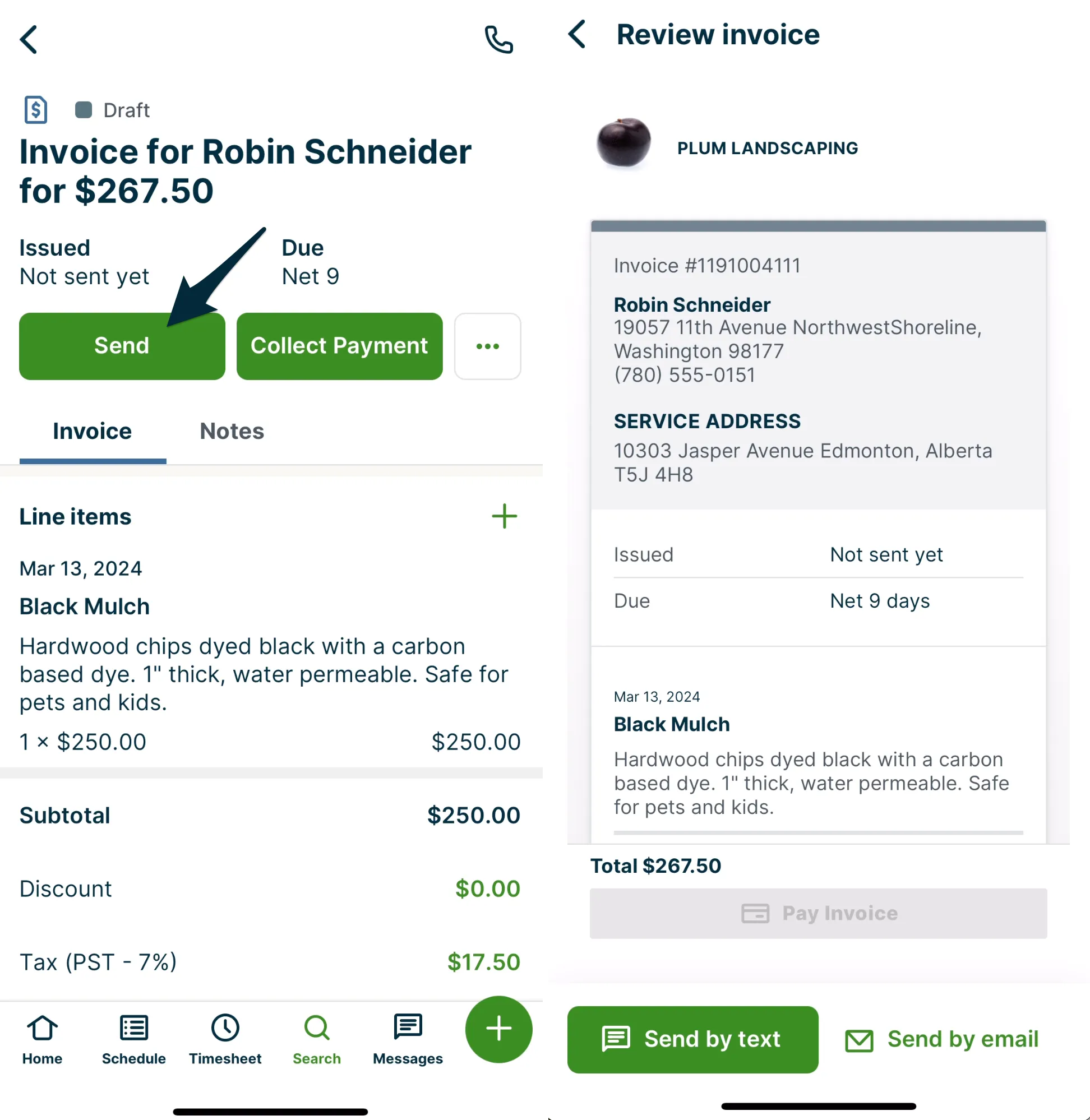 Side-by-side screenshots showing the invoice send button and the invoice review screen in the Jobber app.