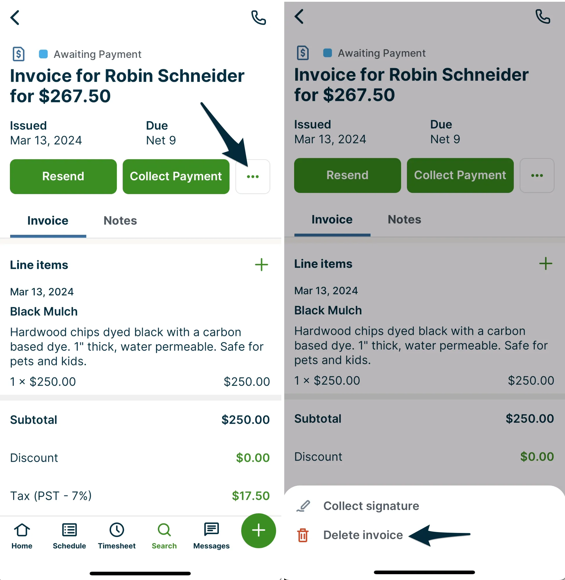 Side-by-side screenshots showing how to delete an invoice in the Jobber app. 