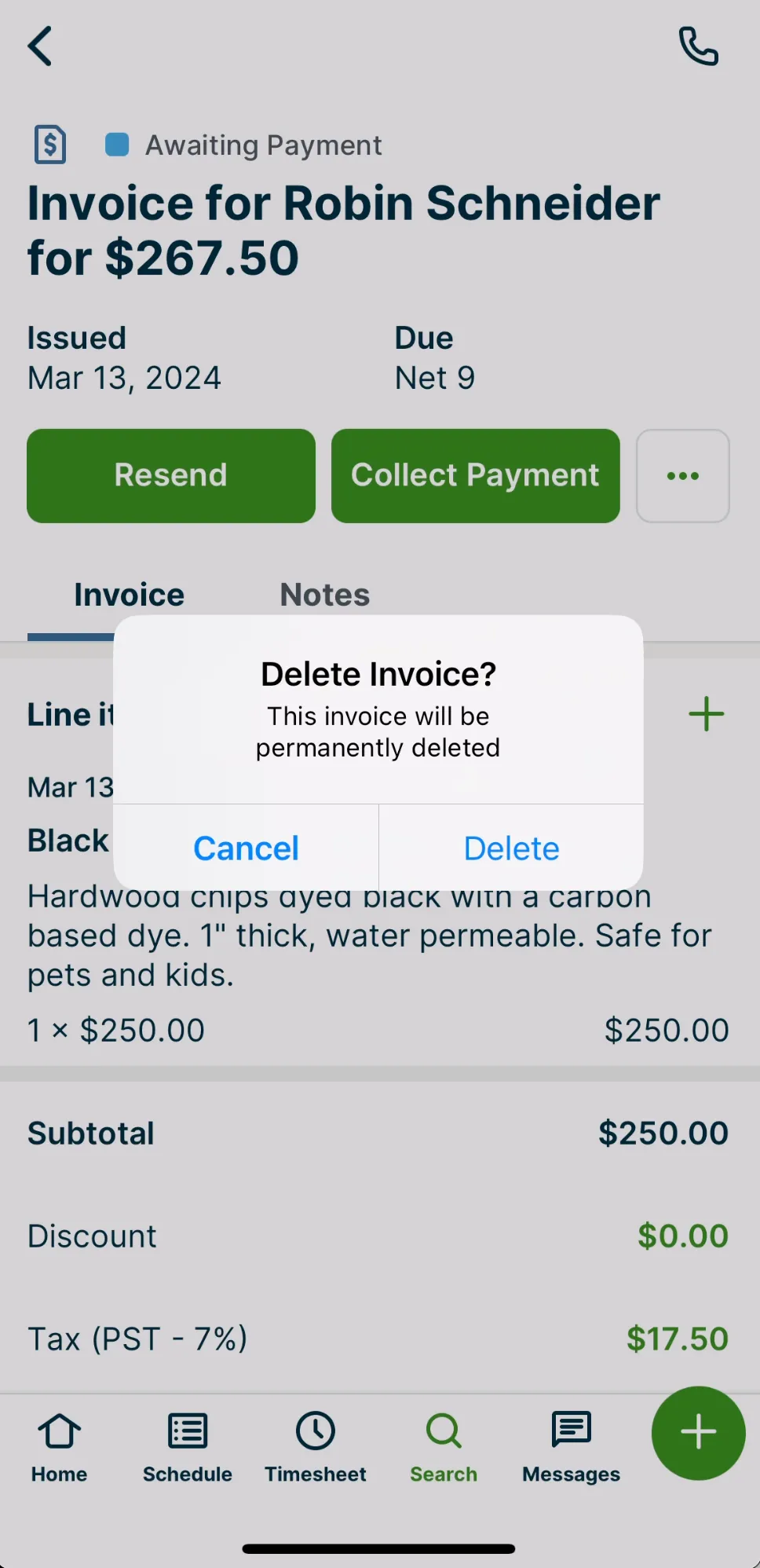 A screenshot showing the delete invoice confirmation pop up in the Jobber app.