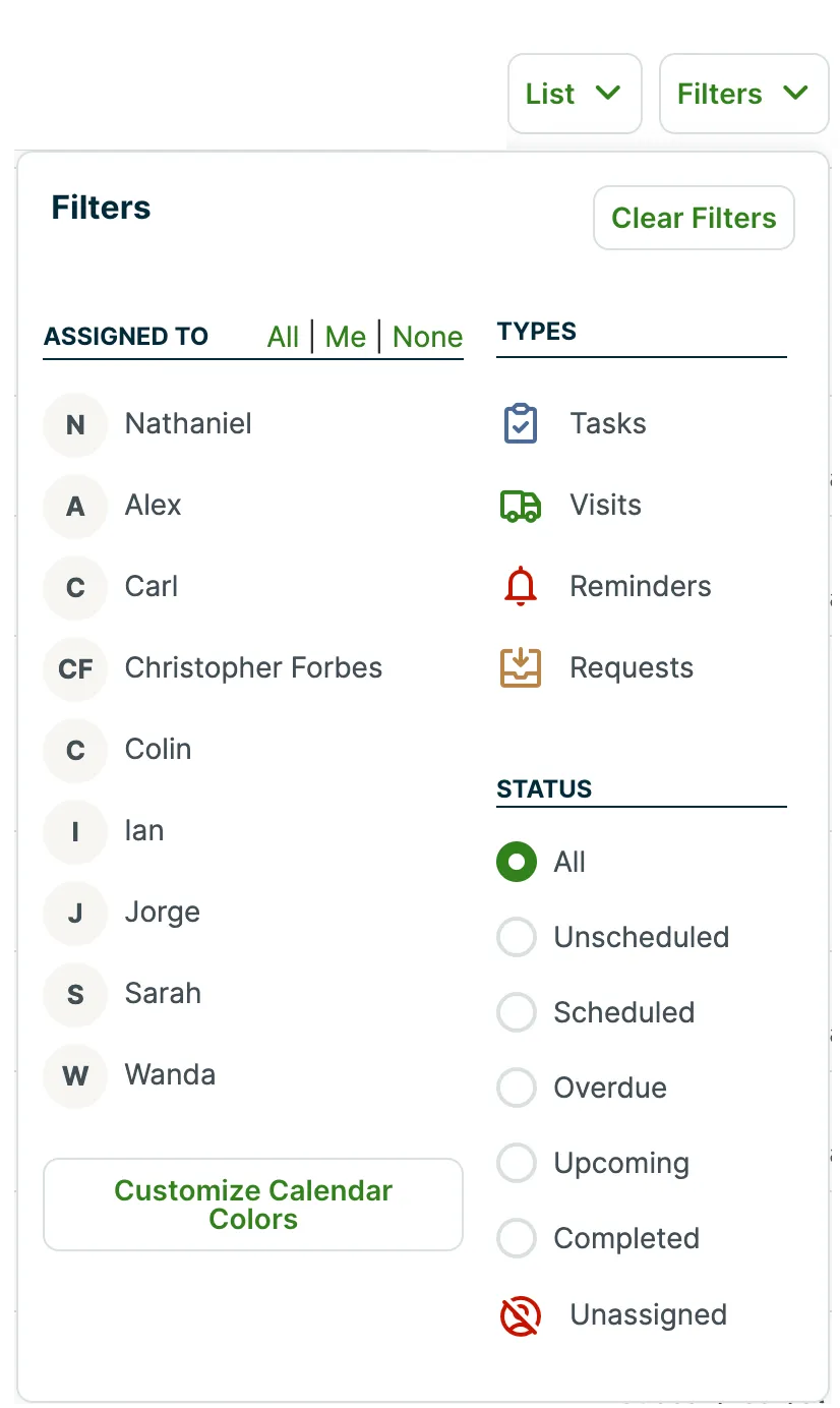 Menu with filter options for the list view