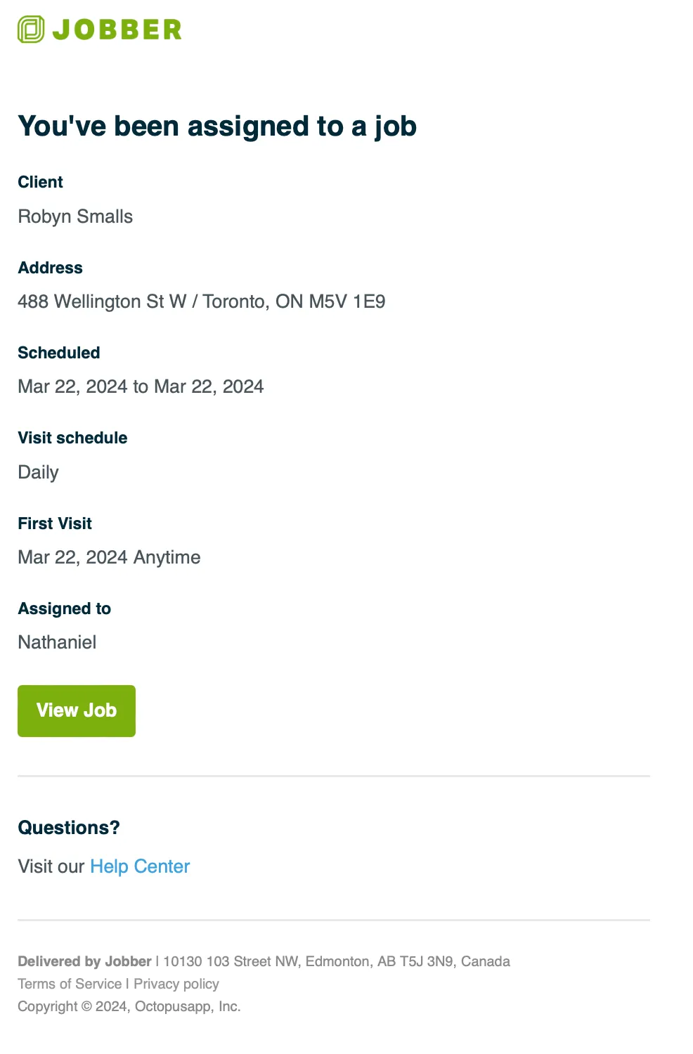 email that is sent to notify team members they've been assigned to a job. It lists the client, property address, scheduled date, visit frequency, date of the first visit, and assigned team members