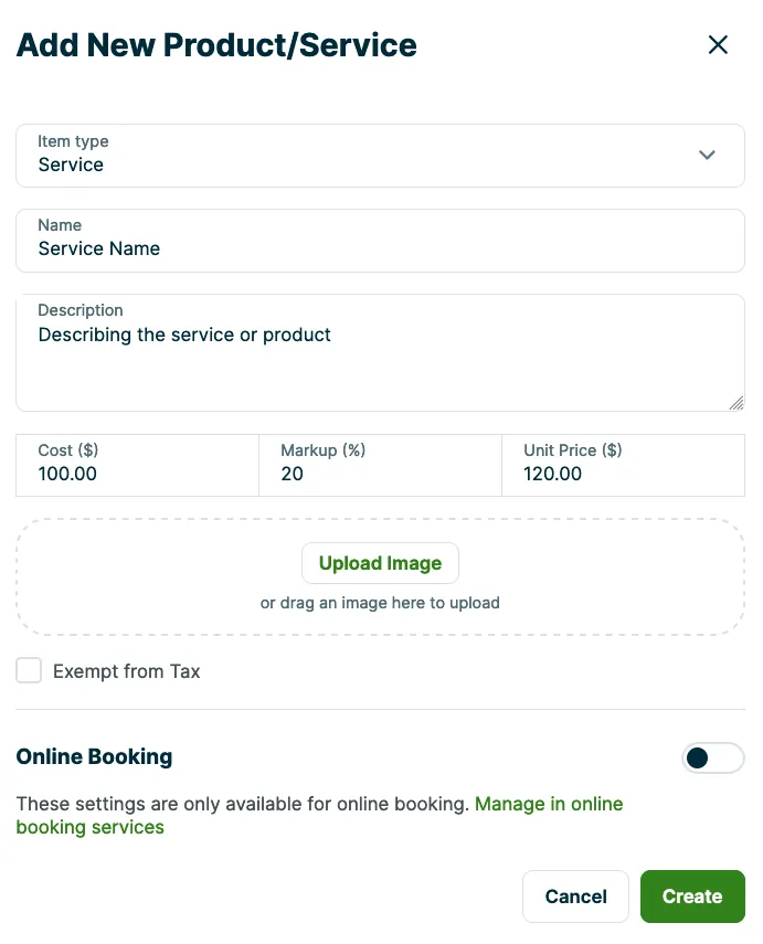 Dialog box for adding a new service or product