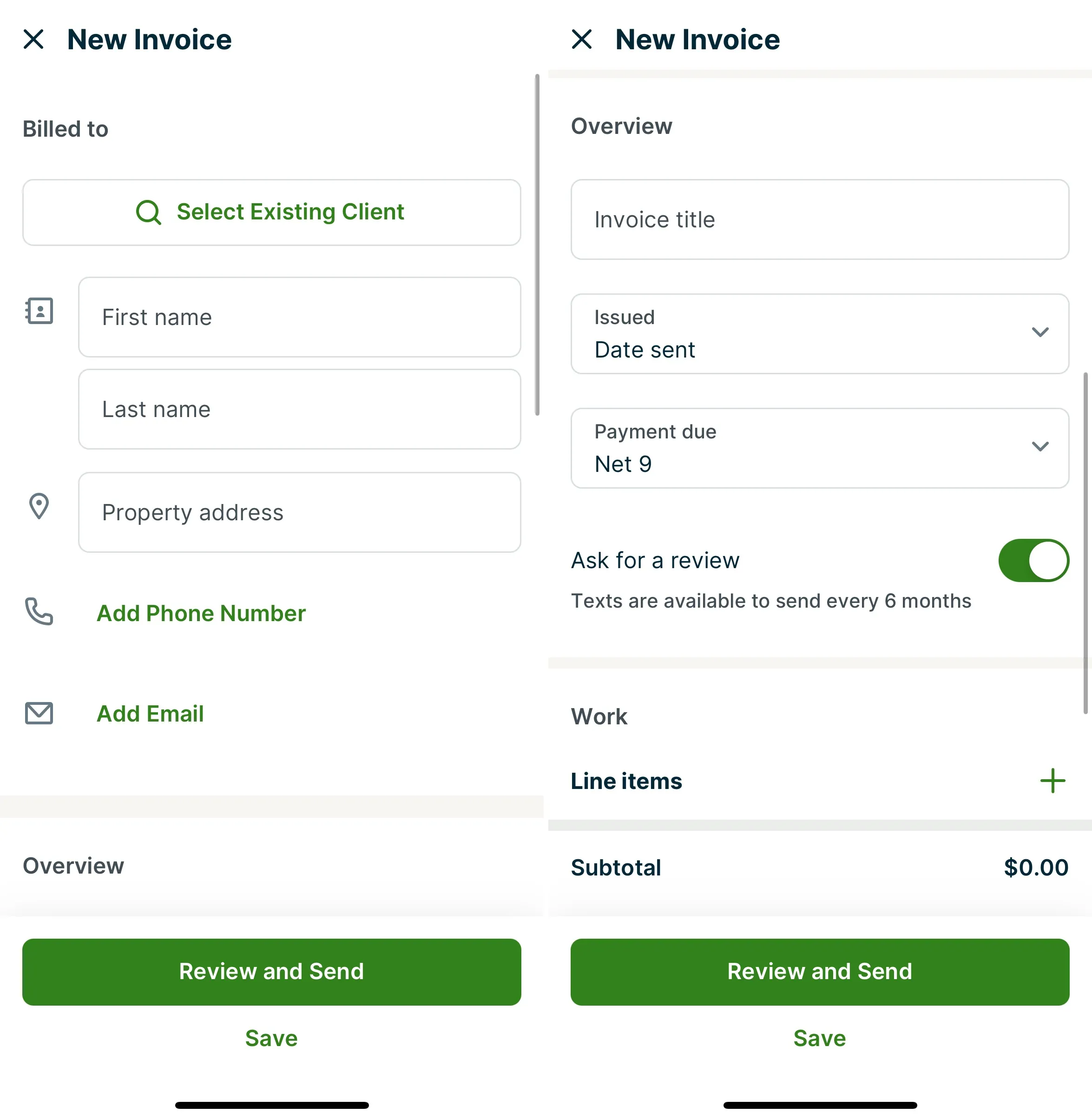 Side-by-side screenshots showing the new invoice flow in the Jobber app.