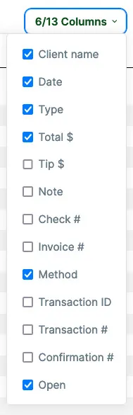 transaction list column options