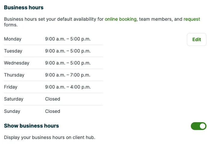 business hours settings