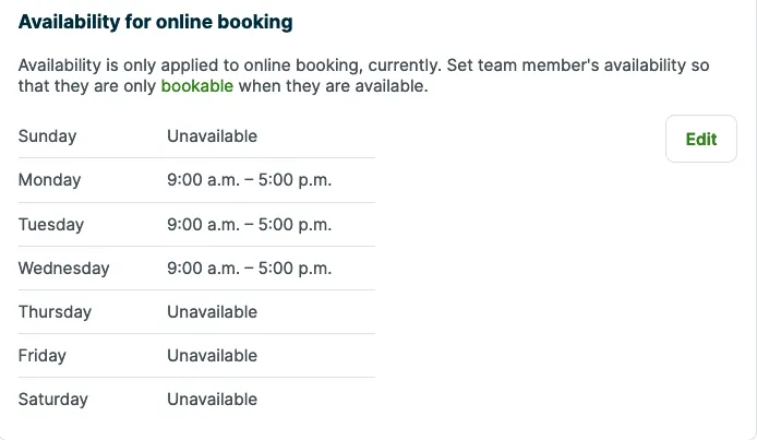 A screenshot showing a user's availability for online booking