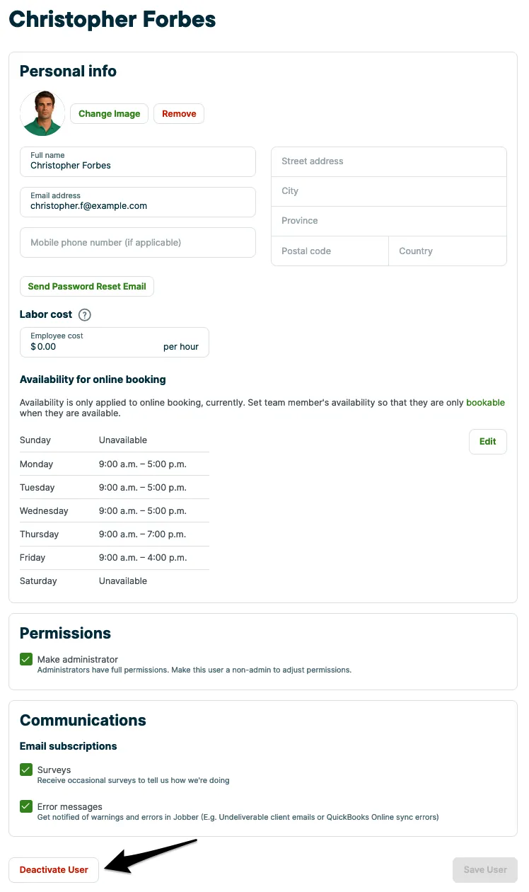 A screenshot highlighting the Deactivate User button at the bottom of a user's profile.