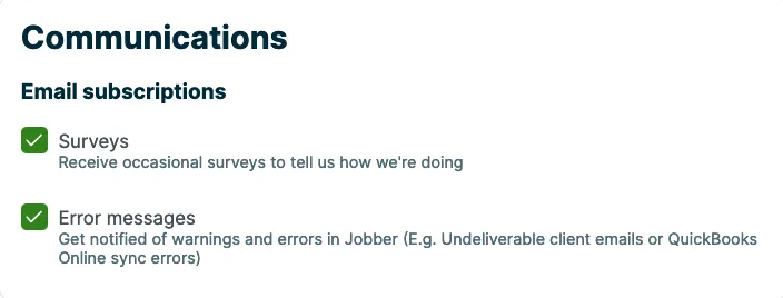 Email subscriptions settings of a user in Manage Team