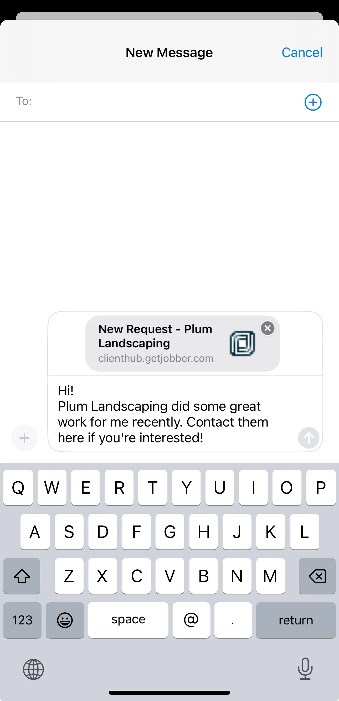 New message window with a pre-made message template to share the request link