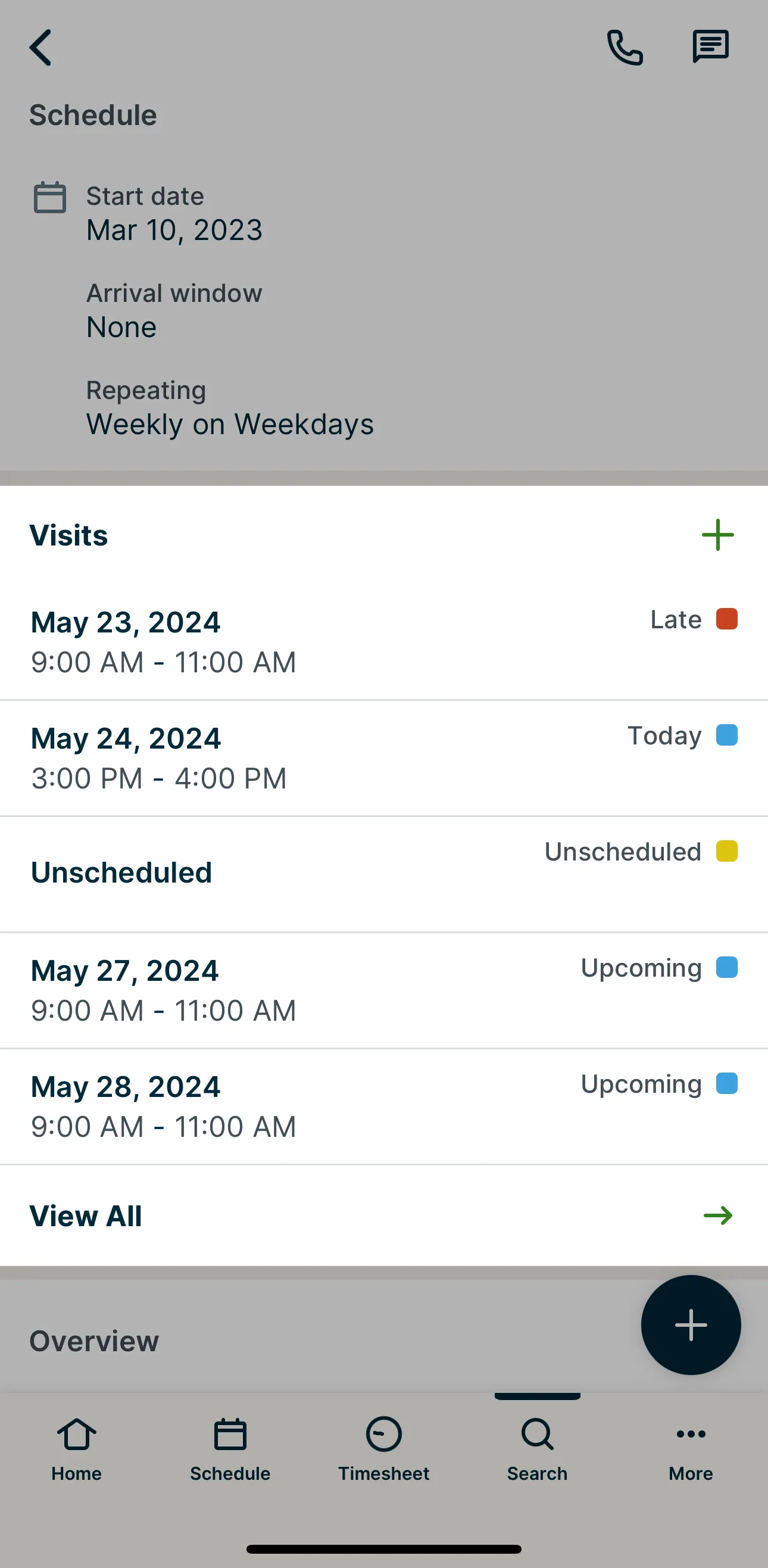 Visits section of a job highlighted