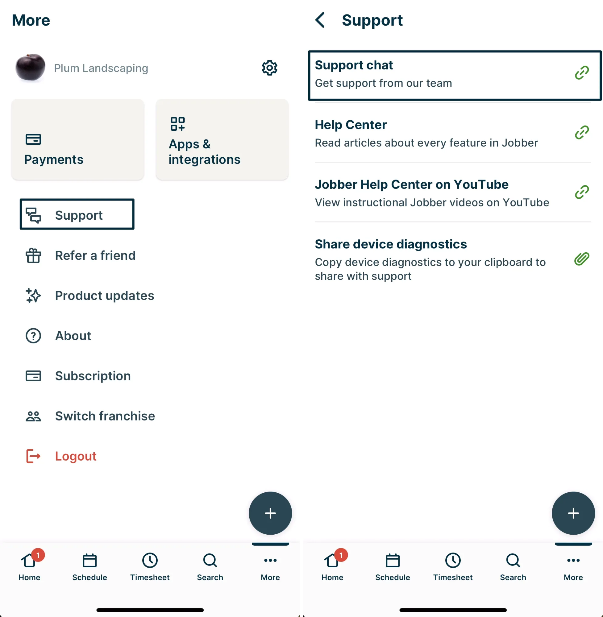 Two screenshots from the Jobber app showing the user flow to access the Support chat. 