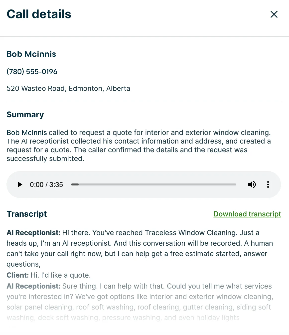 A screenshot showing the Ai Receptionist call details.