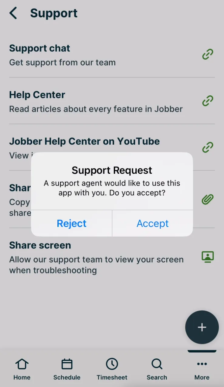 A screenshot from the Jobber app showing a pop-up that reads: "Support request - A support agent would like to use this app with you. Do you accept?" Below that are buttons to reject or accept the request.