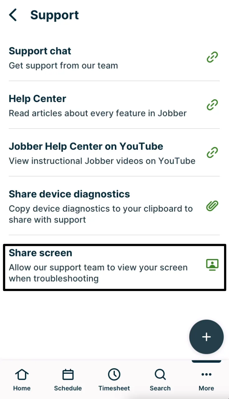A screenshot from the Jobber app with a box outlining the Share screen button.