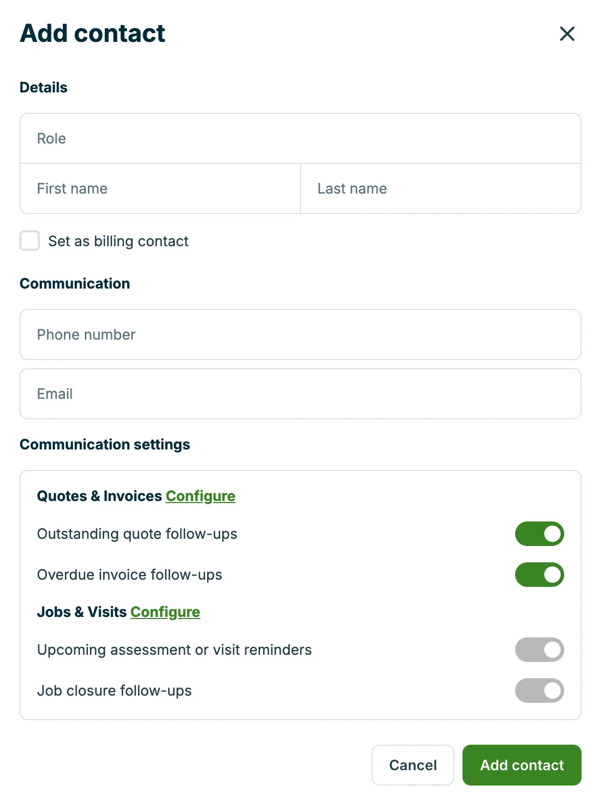 A screenshot showing the Add contact form, including communication settings toggles. 