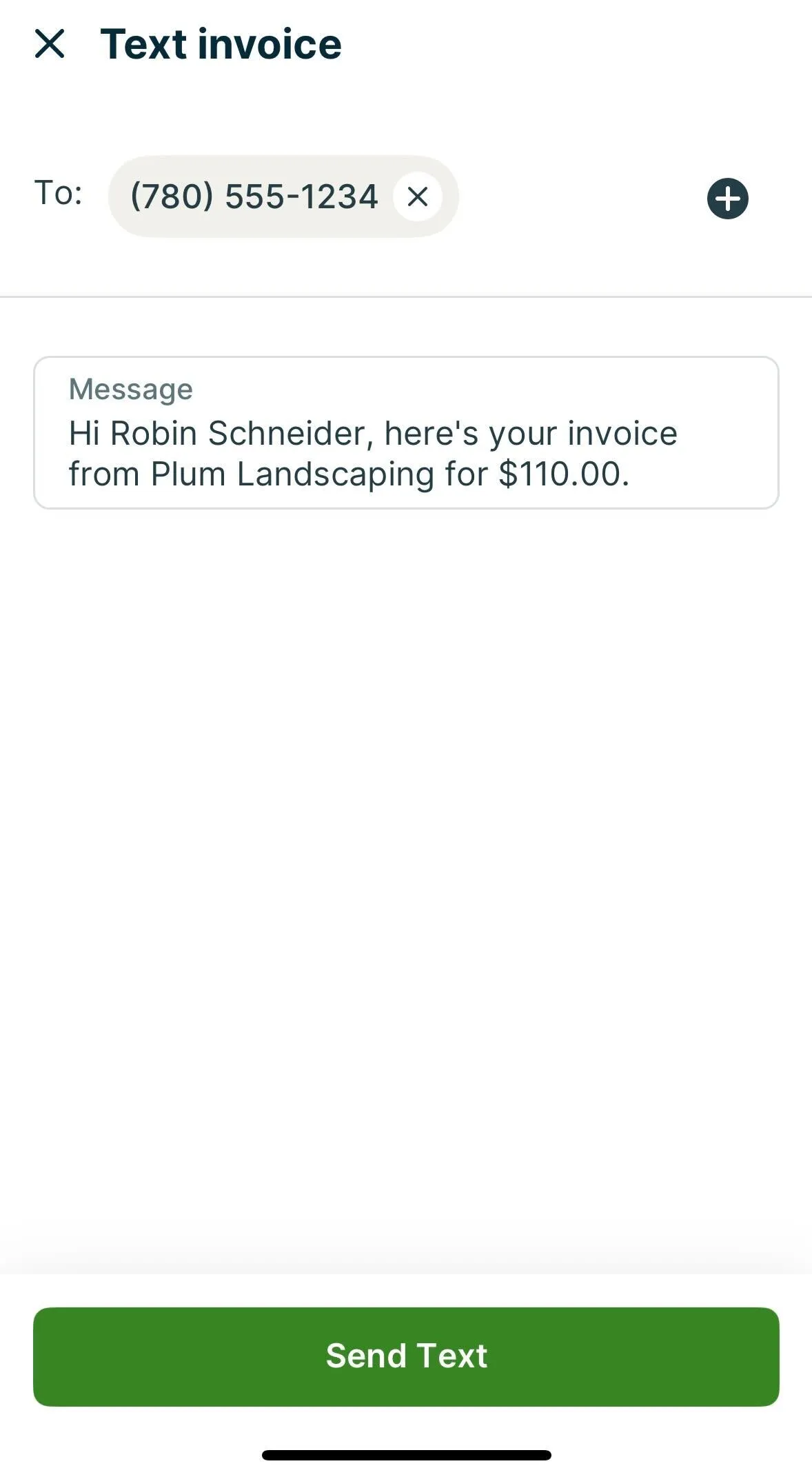 A screenshot showing the invoice text message preview screen in the Jobber app.