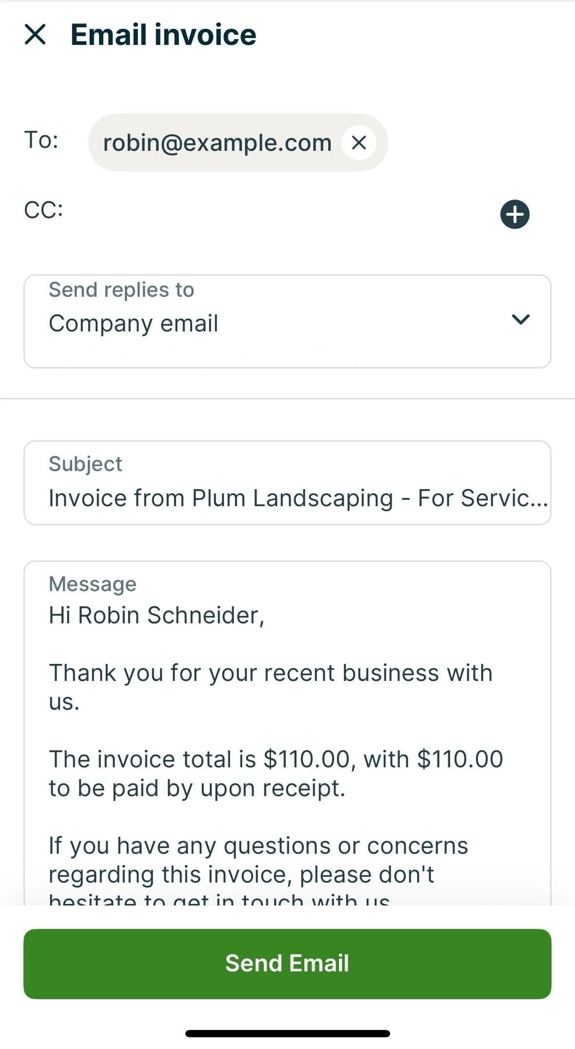 A screenshot showing the invoice email preview screen in the Jobber app.