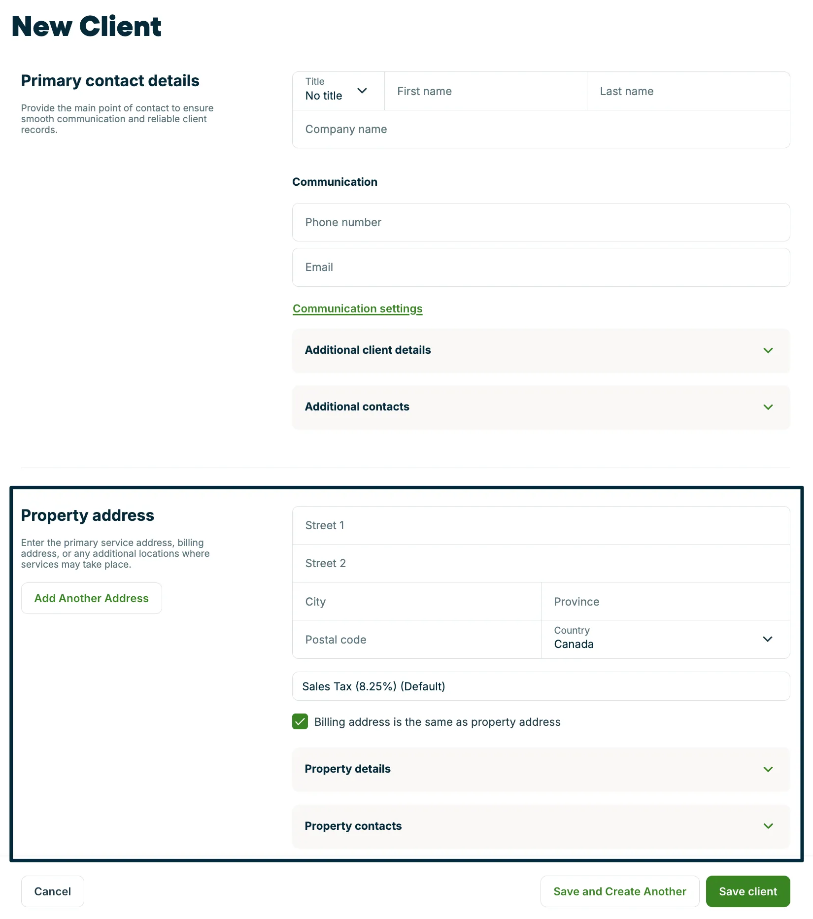 A screenshot highlighting the Property address section of the New Client page. 