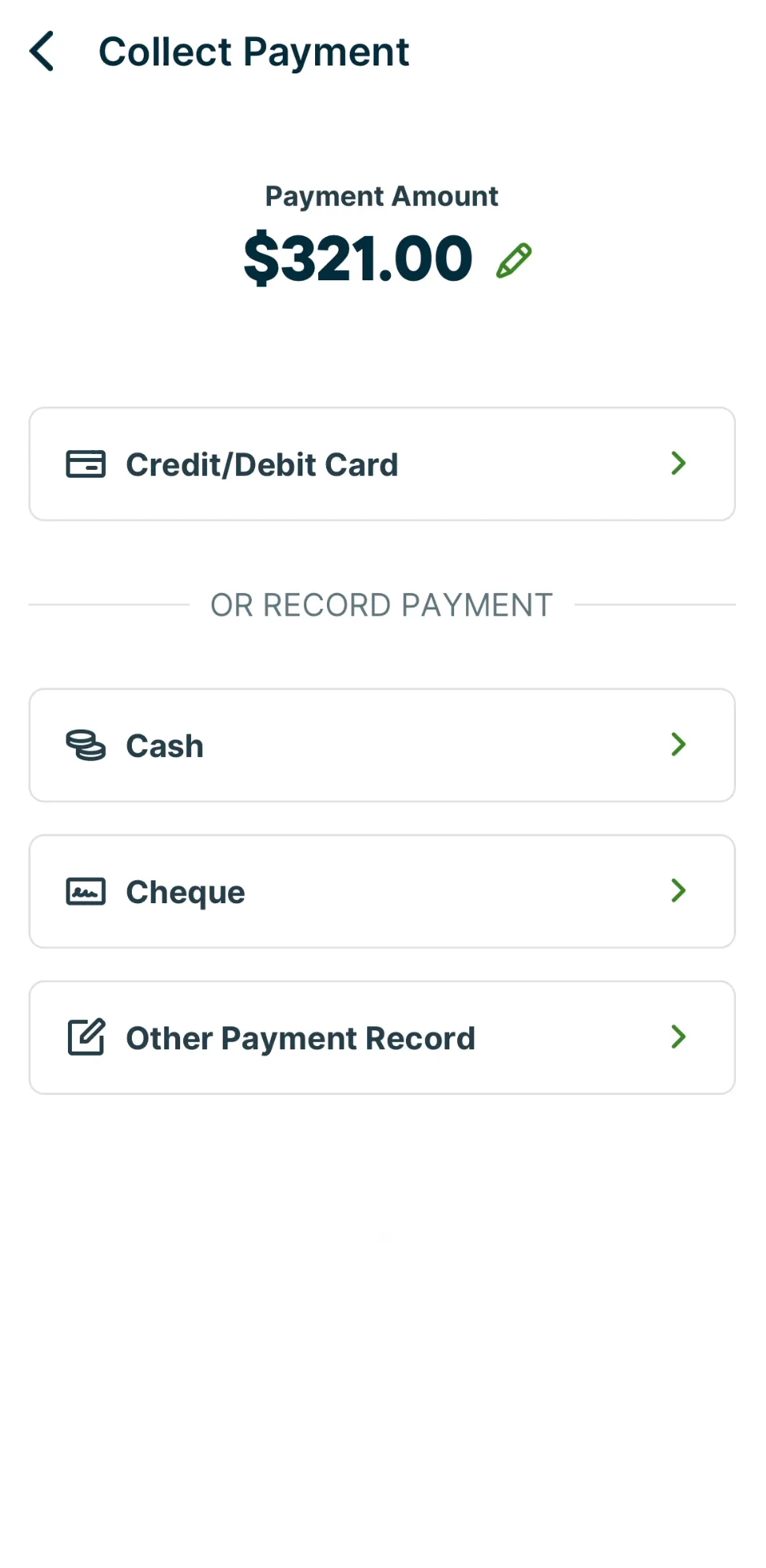 A screenshot showing the Collect Payment screen in the Jobber app.